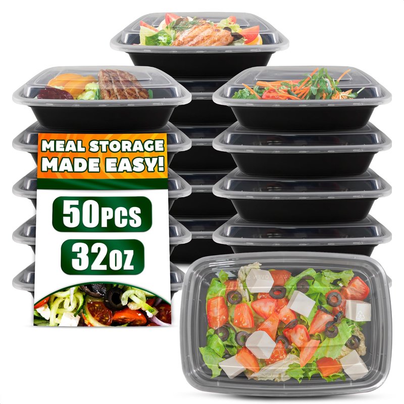 Evrblock 50 Pack [32 oz] Freezer Meal Prep Containers Reusable - Plastic Food Storage Containers with Lids, Dishwasher & Microwave Friendly, Warp-Resistant - Versatile Use for Meals, Leftovers & More