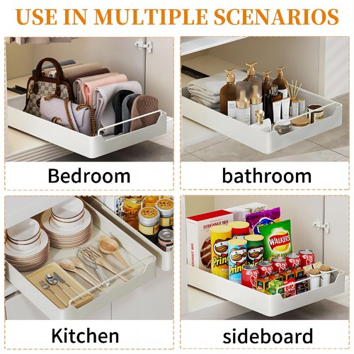 Pull Out Cabinet Organizer Fixed With Adhesive Nano Film, Heavy Duty Sliding Basket Drawer for Kitchen Under Sink, Pantry, Bathroom - 1 Pack