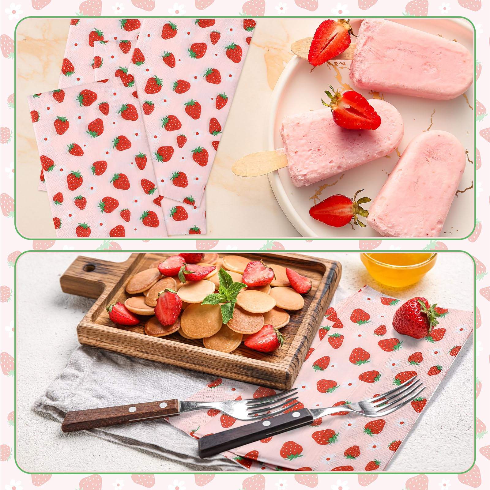 Janlaugh 100 Pcs Strawberry Paper Napkins Set Disposable Summer Fruit Paper Napkins Pink for Berry Sweet Strawberry Decoration Catering Event Birthday Summer Party Supplies