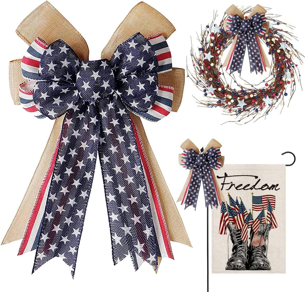 Patriotic Decor Bows - Burlap Red White Blue Stripe Stars | Perfect for 4th of July & Memorial Day