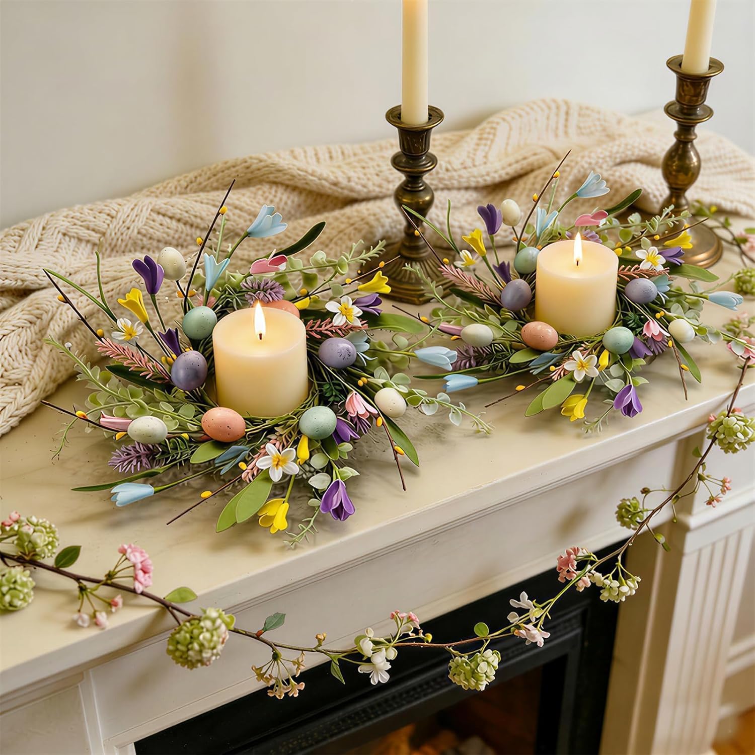 Skiennix Easter Candle Rings - 6 Pcs Mini Pillar Holders with Eggs & Flowers - Spring Yellow Berries Decor