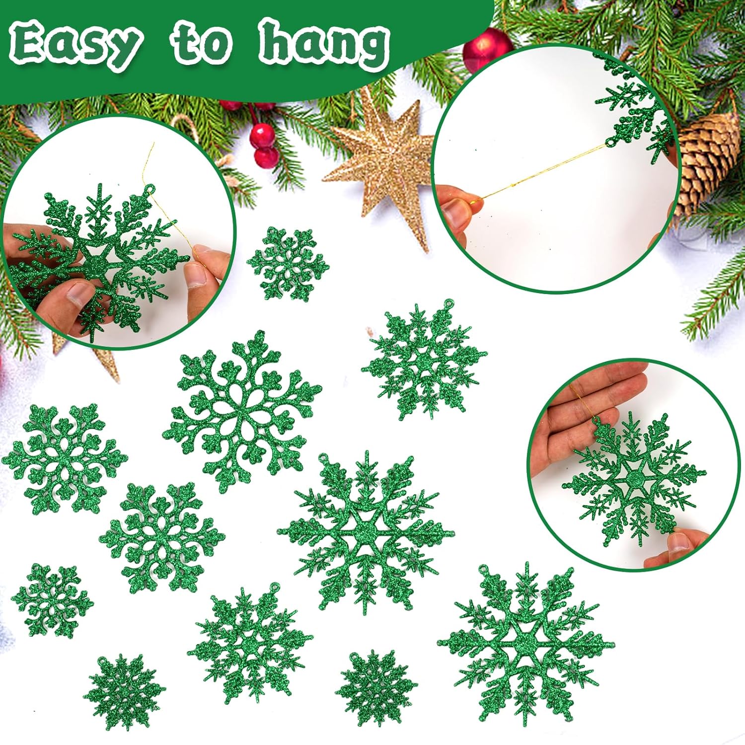 Skiennix Dark Green Christmas Snowflake Ornaments - 36 Pcs Glitter Hanging Decorations for Holiday Home Decor