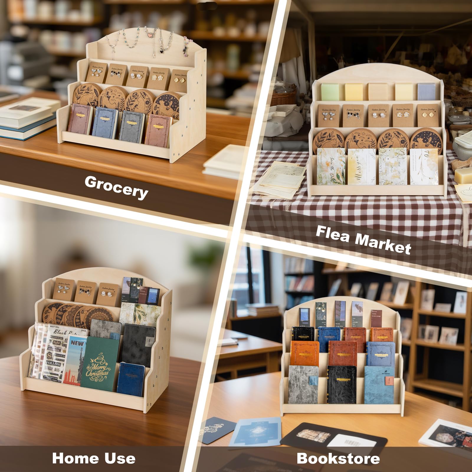 PUERSI Greeting Card Display Stand Holder - 4-Tier Wooden Organizer Rack for Retail Stores, Postcards, Stickers & Stationery Vendors Beige