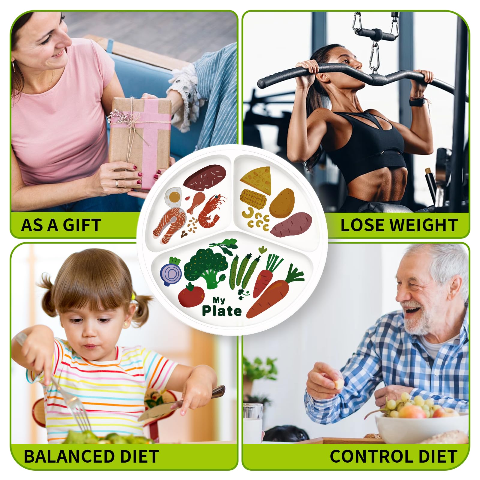 Viynran 10" 3-Grid Cute Cartoon Portion Control Plate - Melamine, Healthy Nutrition for Weight Loss & Diabetes Management, Ideal for Adults & Teens Kids (2 Pack)