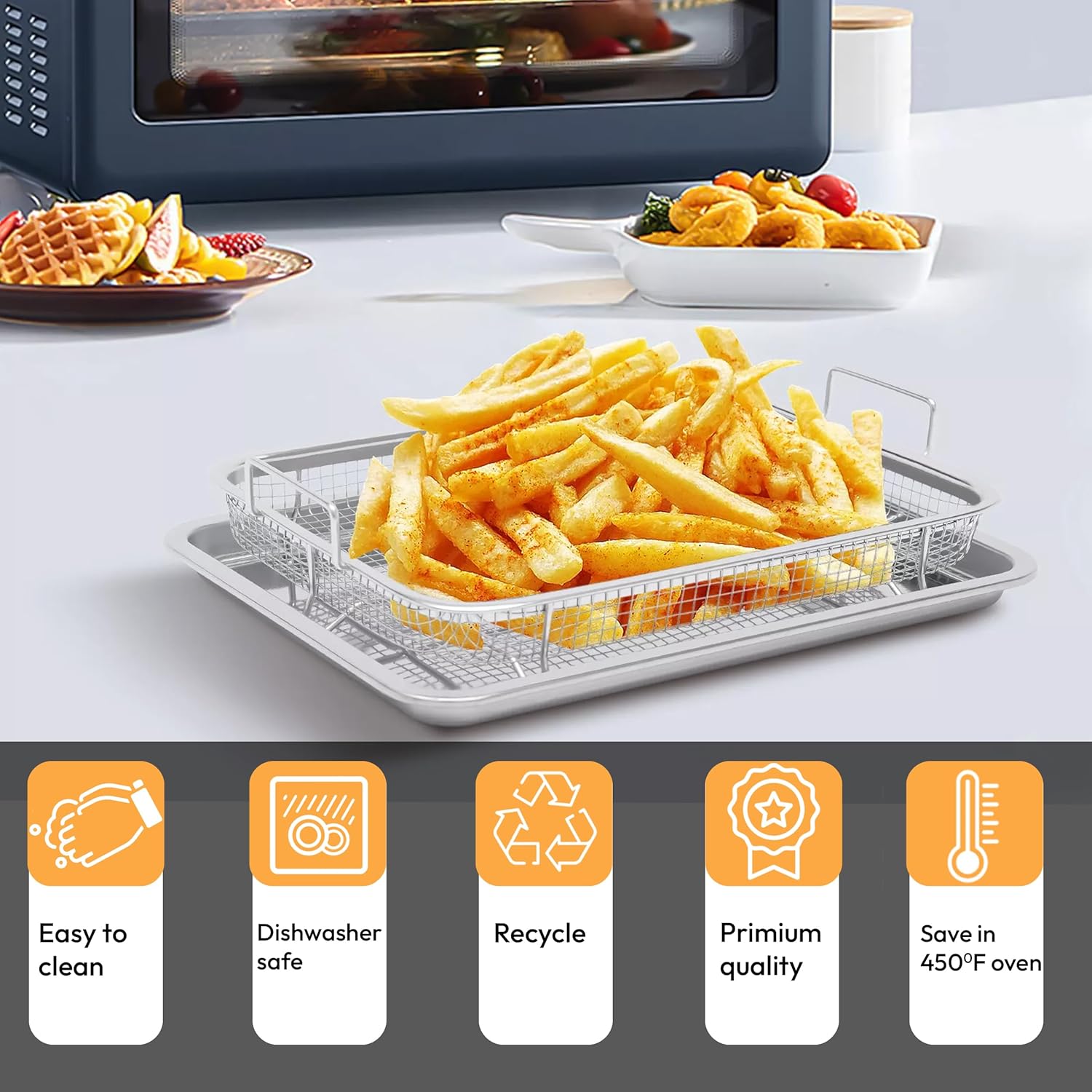 OvenCrisp Air Fryer Basket - 15.6" X 11.6" Large Stainless Steel Pan & Crisper Tray Set with 30 Parchment Papers