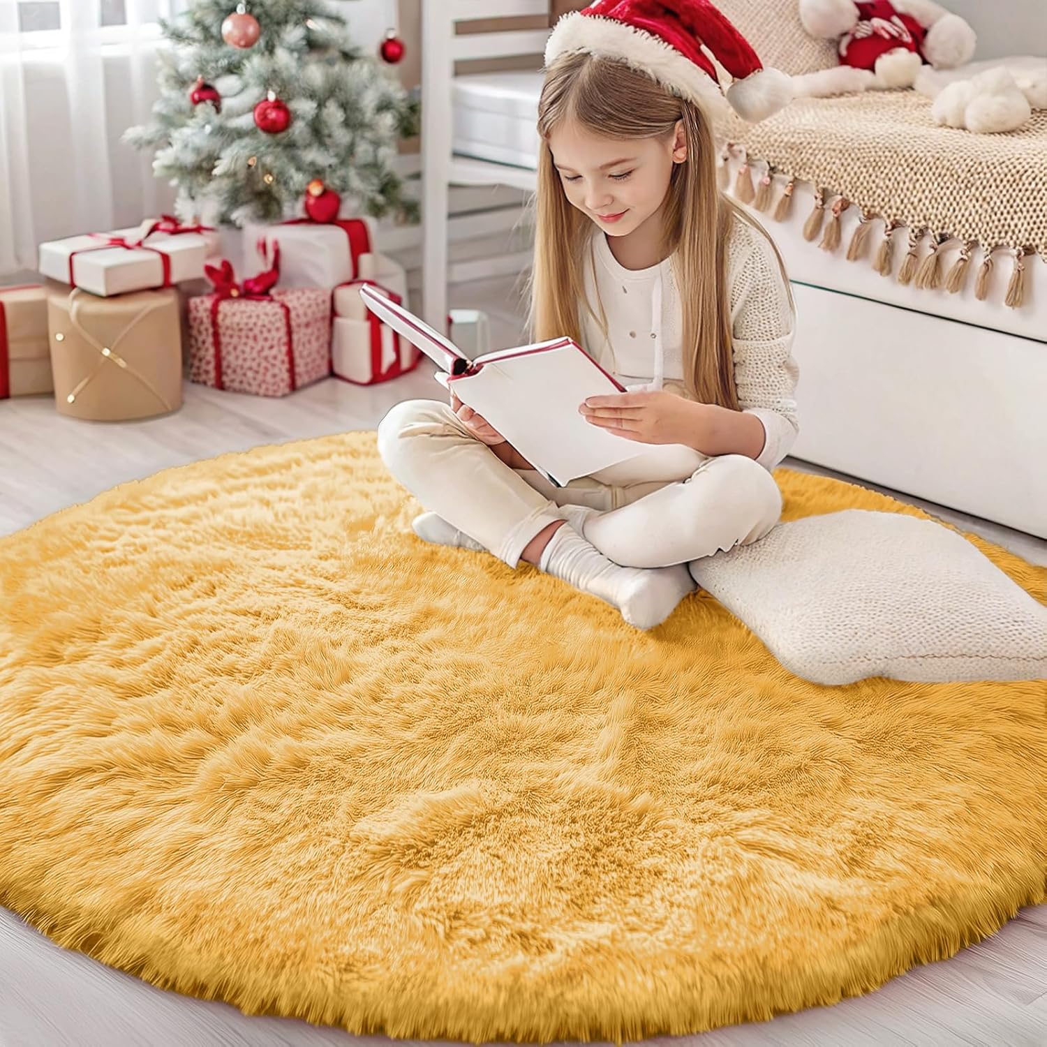 OLANLY Mustard Yellow Round Rug - Soft, Fluffy Shaggy Carpet | 4 ft Machine Washable Area Rug for Bedroom, Living Room, Nursery Decor
