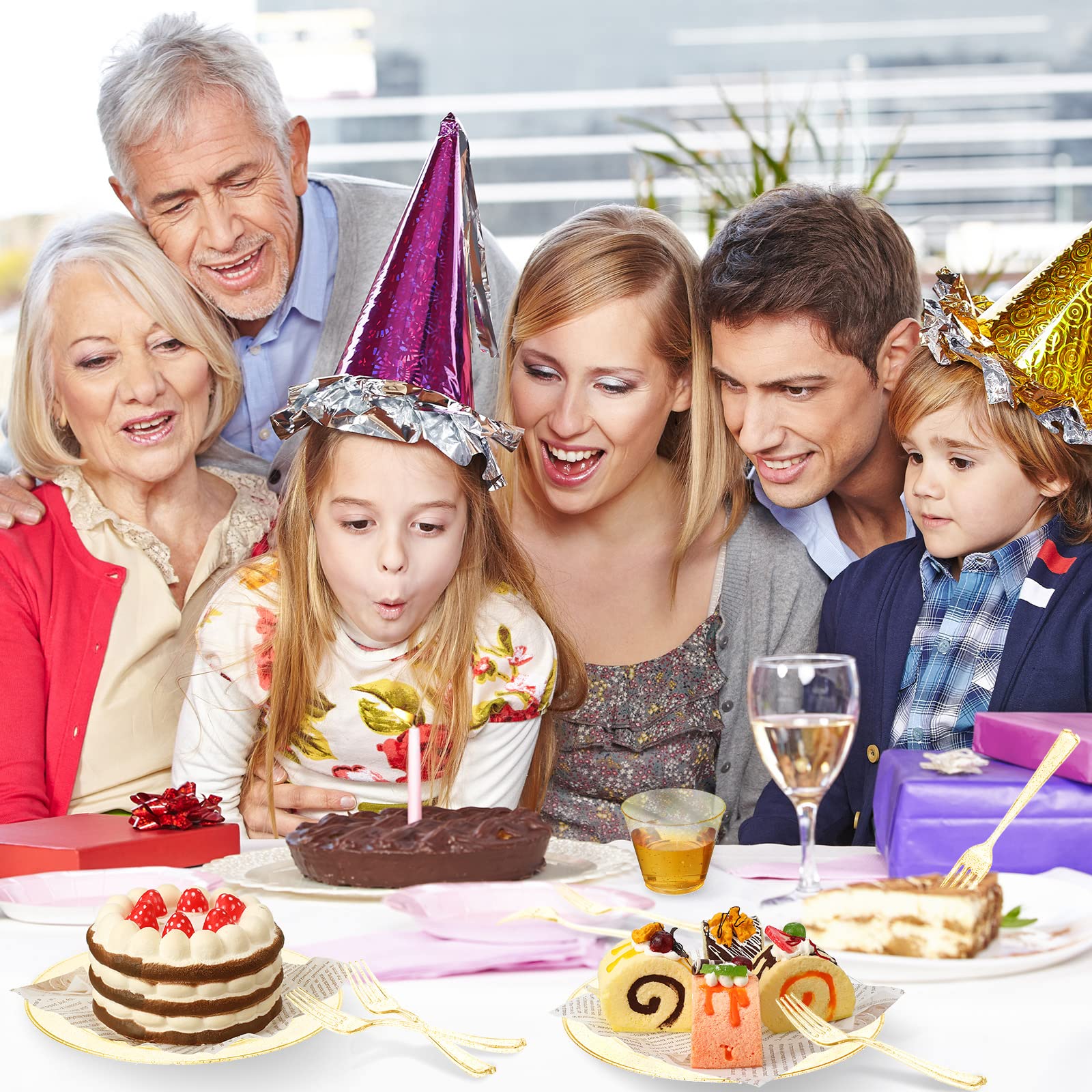 Honeydak 300 Pcs Gold Glitter Plastic Dinnerware Set for 100 Guests, 100 Wedding Plates 7.5 Inch, 100 Cup Gold 9 Oz, 100 Dessert Forks for Bride Party Engagement Anniversary Birthday