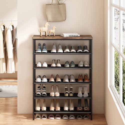 INGIORDAR Shoe Rack Organizer 6 Tier Metal Organizer Shelf with Industrial MDF Board and Layer Fabric for Entryway Closet Bedroom Living Room Garage,Black & Rustic Brown (Black+Rustic Brown, 6 Tier)