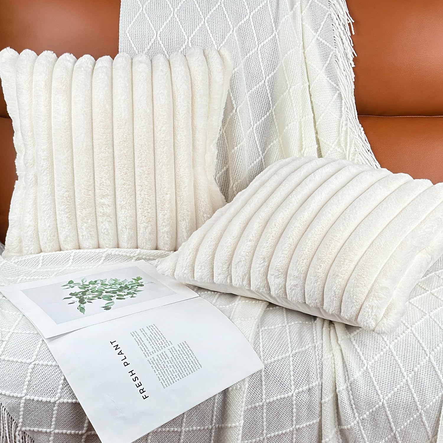 Skiennix 18x18 Throw Pillow Covers - Soft Fluffy Faux Fur & Velvet Back, Set of 2 in Cream White for Cozy Living Room Decor