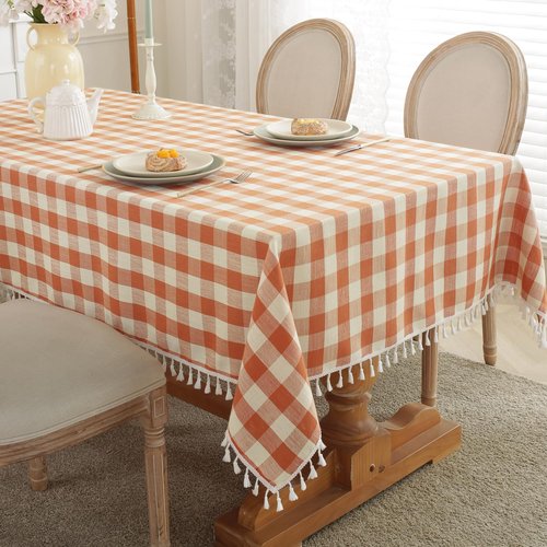 Laolitou Checkered Fall Holiday Tablecloth Rectangle Washable Buffalo Plaid Table Cloth with Tassel Cotton Linen Gingham Thanksgiving Table Cover for Picnic Kitchen Dining Room, Orange, 86 Inch