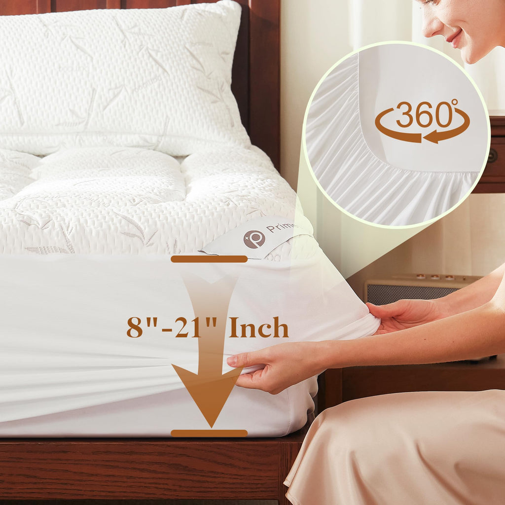 PRIMESOFT 100% Waterproof Queen Size Mattress Topper, Thick Pillow Top Mattress Pad，Up to 21 Inch Deep Pocket,Soft Breathable Mattress Pad for Back Pain, Protector Cover(White)