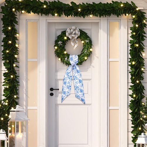 FYSUIMU Blue Flower Wreath Sash - Chinoiserie Floral Garland Ribbon for Holiday Decor | 2 Pcs