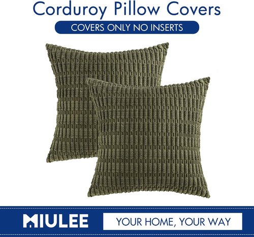 MIULEE Decorative Throw Pillow Covers - Soft Boho Striped Corduroy | 20x20 Inch Olive Green, Set of 2