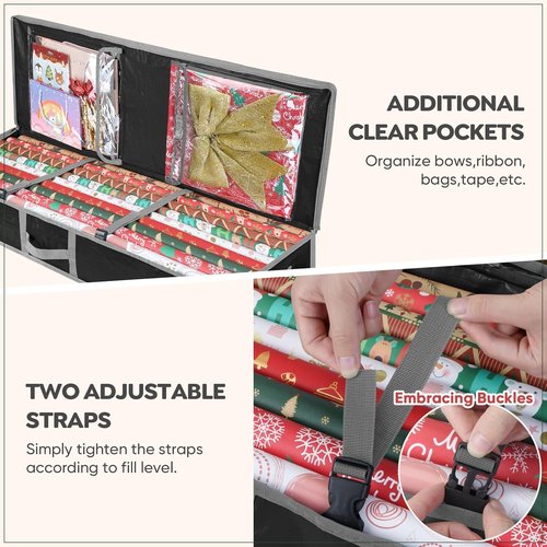 BALEINE Christmas Wrapping Paper Storage Bag - 40" Durable PE with Flexible Partitions & Pockets (Black)