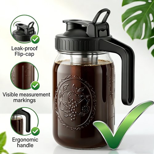 Cold Brew Coffee Maker 64 Oz Wide Mouth Mason Jar Pitcher With stainless steel Filter 2 Quart Airtight & Leak-Proof cold brew pitcher with pour spout lid and handle For iced Coffee Tea and lemonade