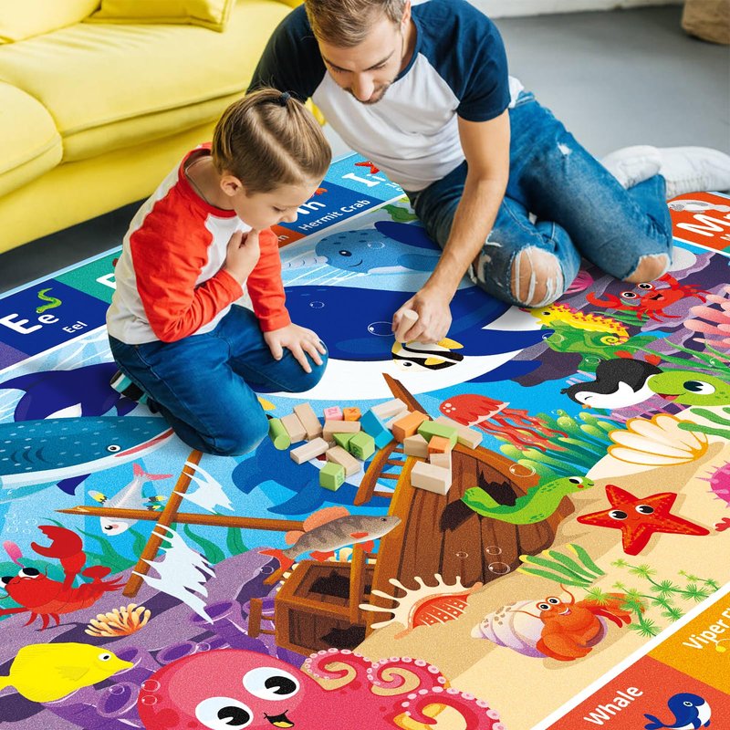LTKOUGFAM Baby Play Mat for Floor, ABC Kids Play Mat, Sea Animals Kids Rugs for Girls and Boys Playroom, Foldable Rug for Baby Toddler Infants Crawling Playing (Blue, 78.7X59 INCH)