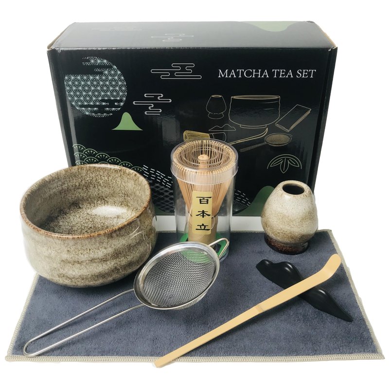 AIYICIII Japanese Matcha Tea Set (7pcs) - Matcha Whisk and Bowl, Whisk Stand (Chasen Holder), Scoop, Starter Making Kit for Matcha Tea Ceremony (Kiln Glaze-White)