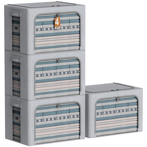 CYhom 4 Pack Clothes Storage Bins with Metal Frame - Linen Fabric Foldable Stackable Container Organizer Set with Clear Window & Carry Handles & Zippers (Light Grey, 23.6"x16.5"x15.7")