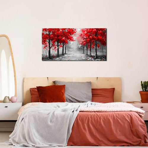 Tree Wall Art for Living Room, Black White and Red Canvas Wall-Decor for Bedroom, Size 20x40 Inches