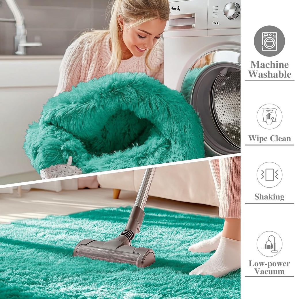 OLANLY 3x5 Soft Fluffy Shaggy Bedside Rug - Machine Washable Indoor Carpet for Kids & Nursery | Teal Green