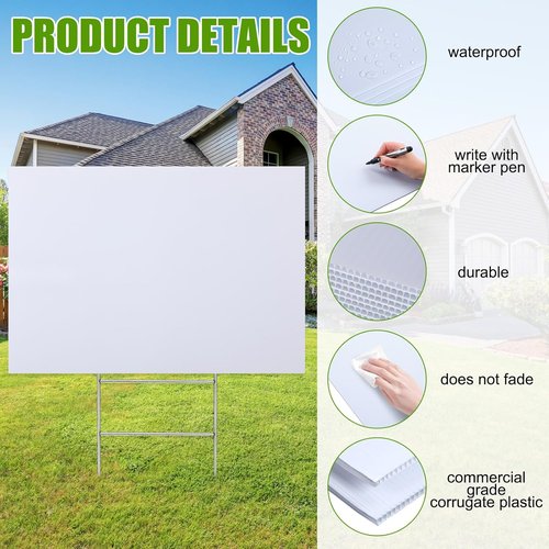 Leinuosen 10 Sets Blank Corrugated Plastic Yard Signs - 24 x 36 Inch White H Stakes for Events & Business Use
