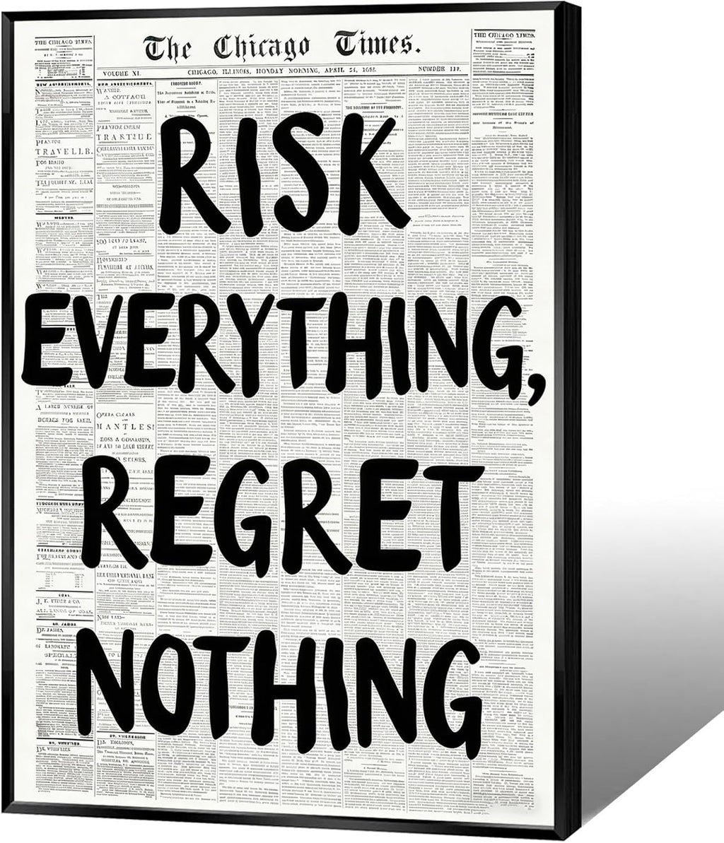 RISK Everything REGRET Nothing Canvas Wall Art - Retro Black & White Poster for Home Decor | 16x24 in Unframed
