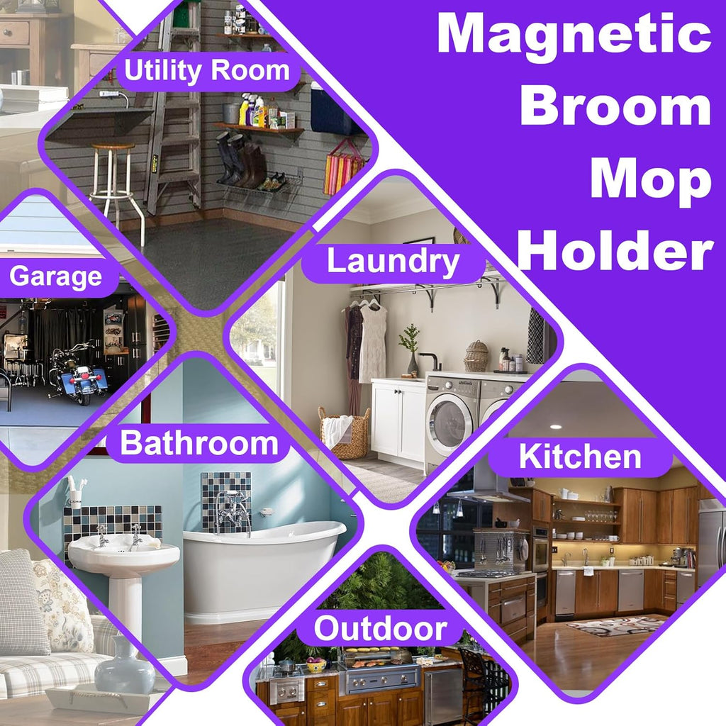 Skiennix Magnetic Mop Holder - Heavy Duty Tool Organizer with Swivel Hooks for Garage & Kitchen