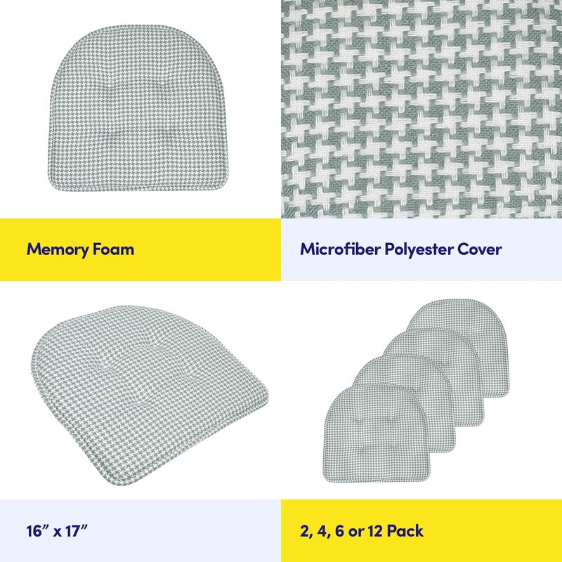 Sweet Home Collection Chair Cushion Memory Foam Pads Tufted Slip Non Skid Rubber Back U-Shaped 17" x 16" Seat Cover, 6 Pack, Houndsooth Pistachio