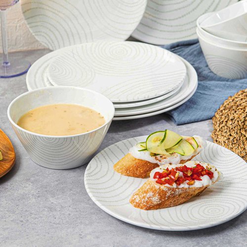 BZYOO BPA-Free Dishwasher Safe 100% Melamine Plastic Plate & Bowl Set Casual dining Indoor and Outdoor Dining Party (12 PCS Dinnerware set, Service for 4, white planet)