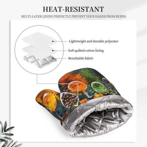 Different Kinds of Spices Placed in Spoon Oven Mitts and Pot Holders Sets of 4, Chili Pepper Silicone Oven Mitts Heat Resistant, Non-Slip BBQ Gloves for Kitchen Cooking Baking Grilling Microwave