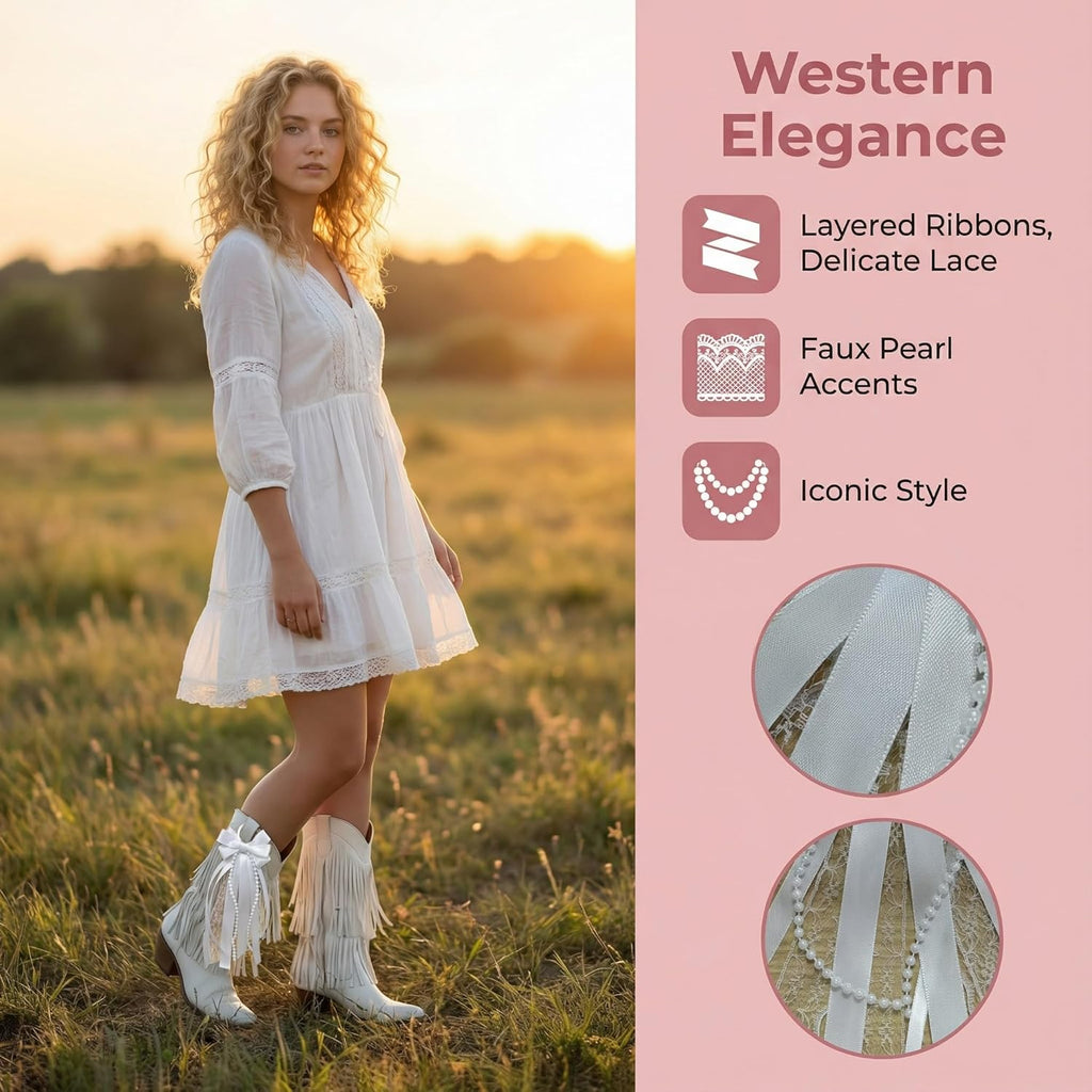 Skiennix White Boot Bows | Satin Ribbon Cowboy Shoe Accessories for Women - 2 Pcs Set