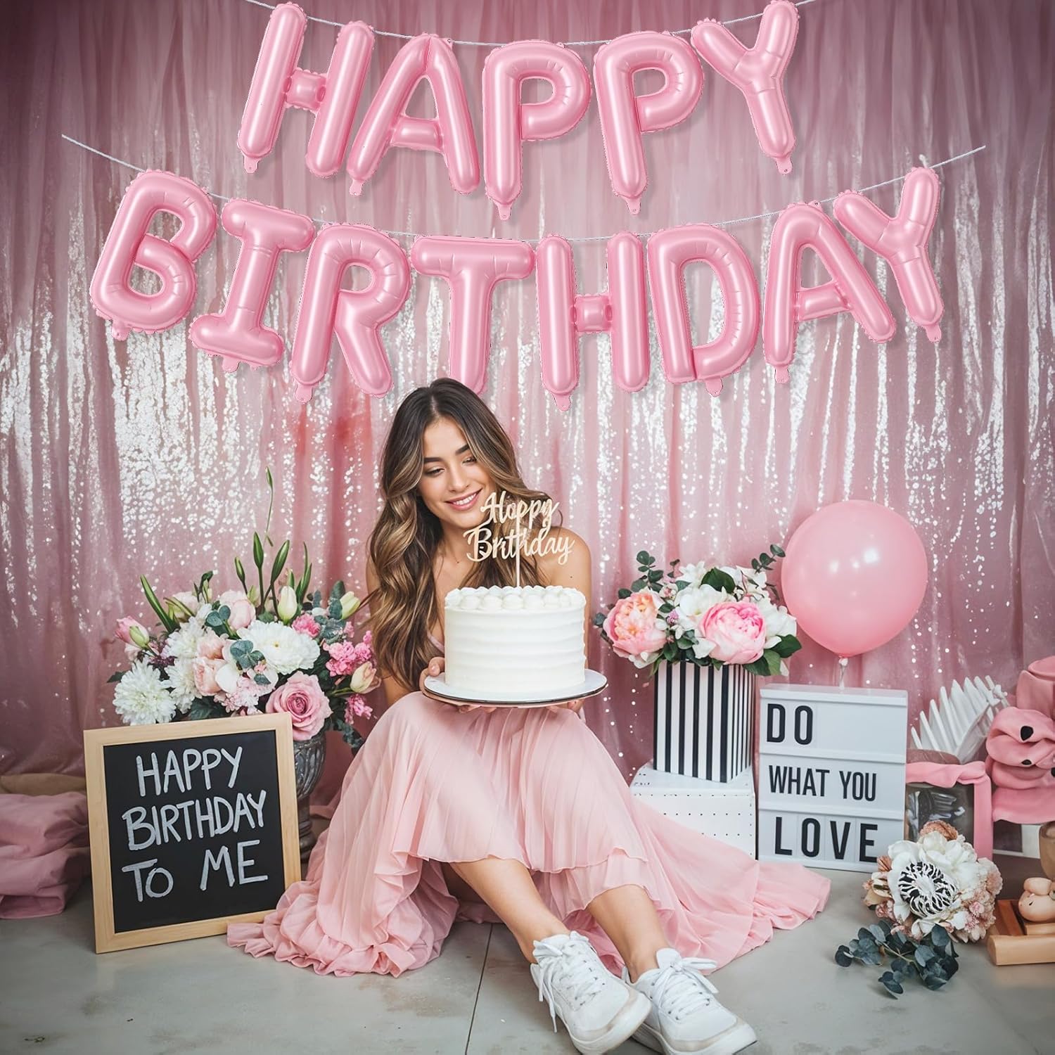 Skiennix Pink Happy Birthday Balloon Banner - 16 Inch Pastel Pearl Mylar Foil Balloons for Party Decor