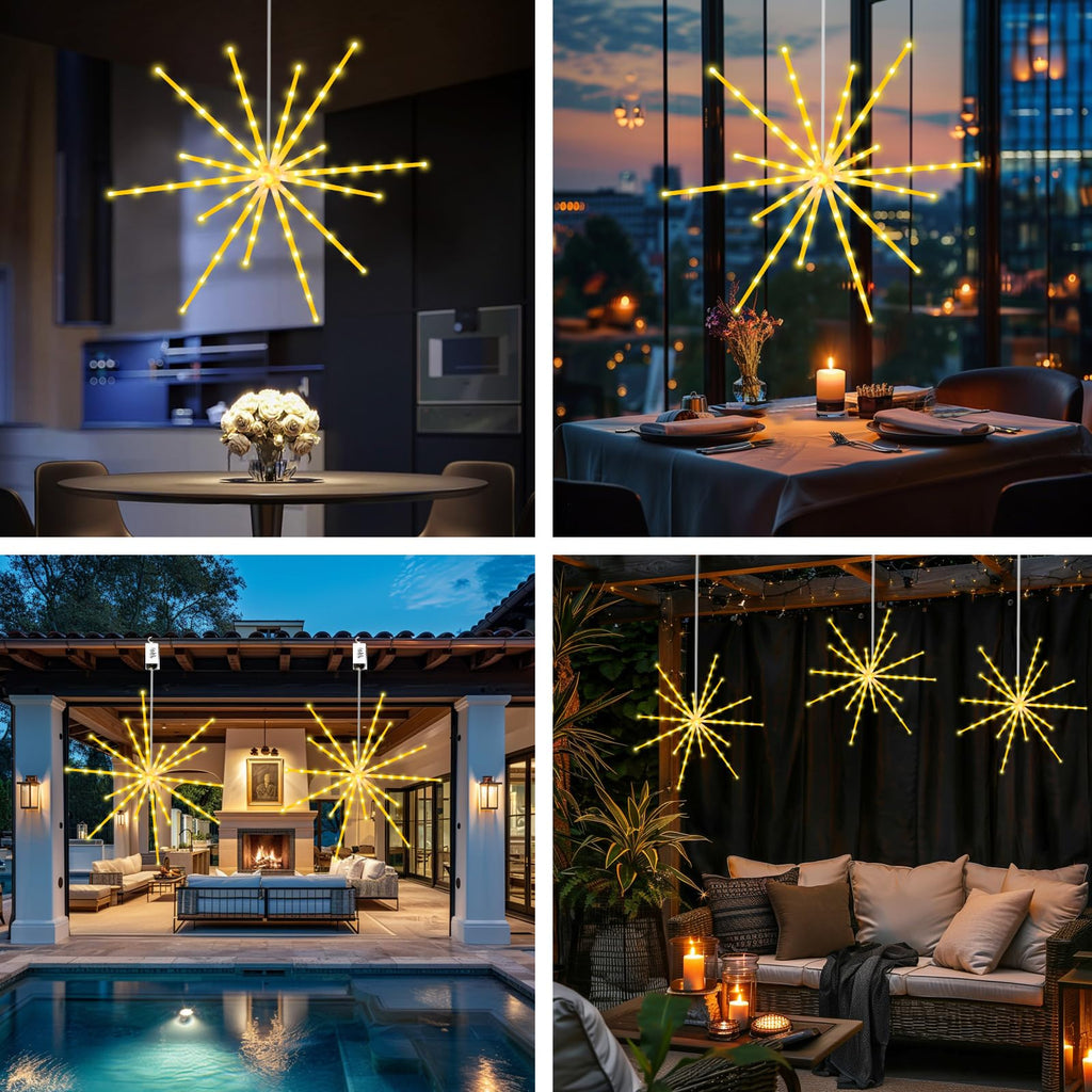 Tiandirenhe 2 Pack 224 LED Hanging Starburst Light, Firework Fairy Starburst String Lights Hanging Star Lights with Remote, 8 Lighting Modes Operated, Starry Light for Garden Party Christmas(Yellow)