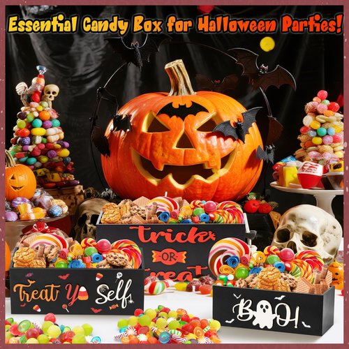 CJiangpo 3Pcs Halloween Candy Bowl - 3D Wooden Funny Trick or Treat Candy Dish Holder, Large Snack Dish Holders Serving Bowl Farmhouse Tiered Tray Decor Table Ornament Halloween Holiday Party Supplies