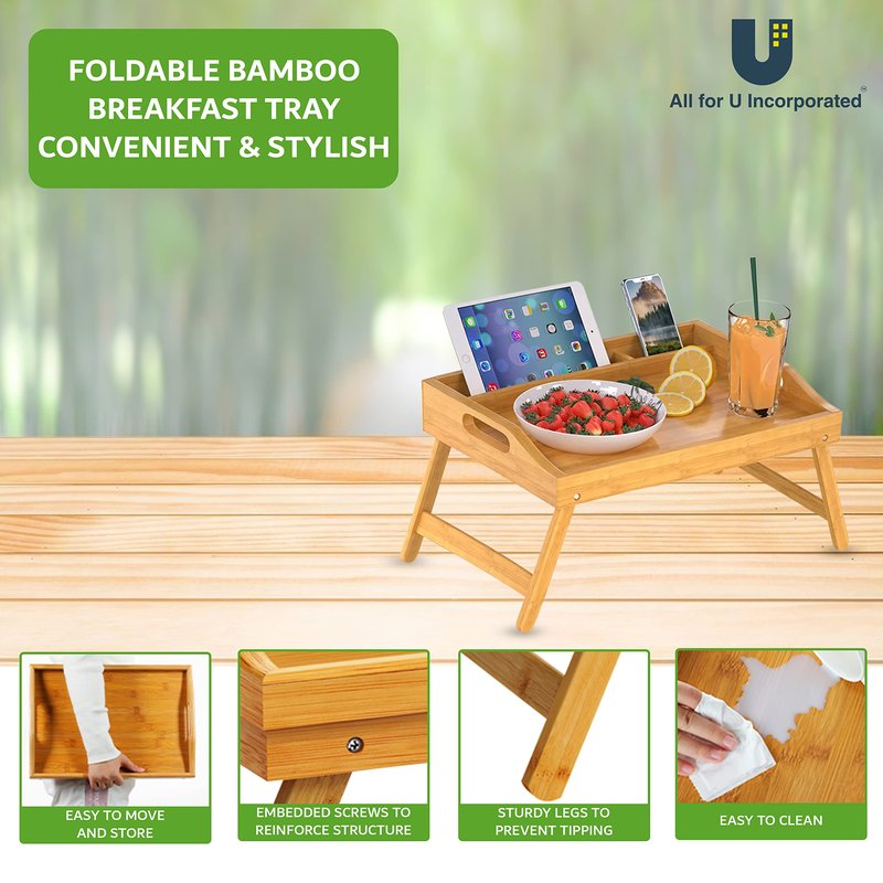Bamboo Bed Tray with Folding Legs, Portable Serving Tray for Breakfast in Bed, Reading, Working or Picnics (Large)
