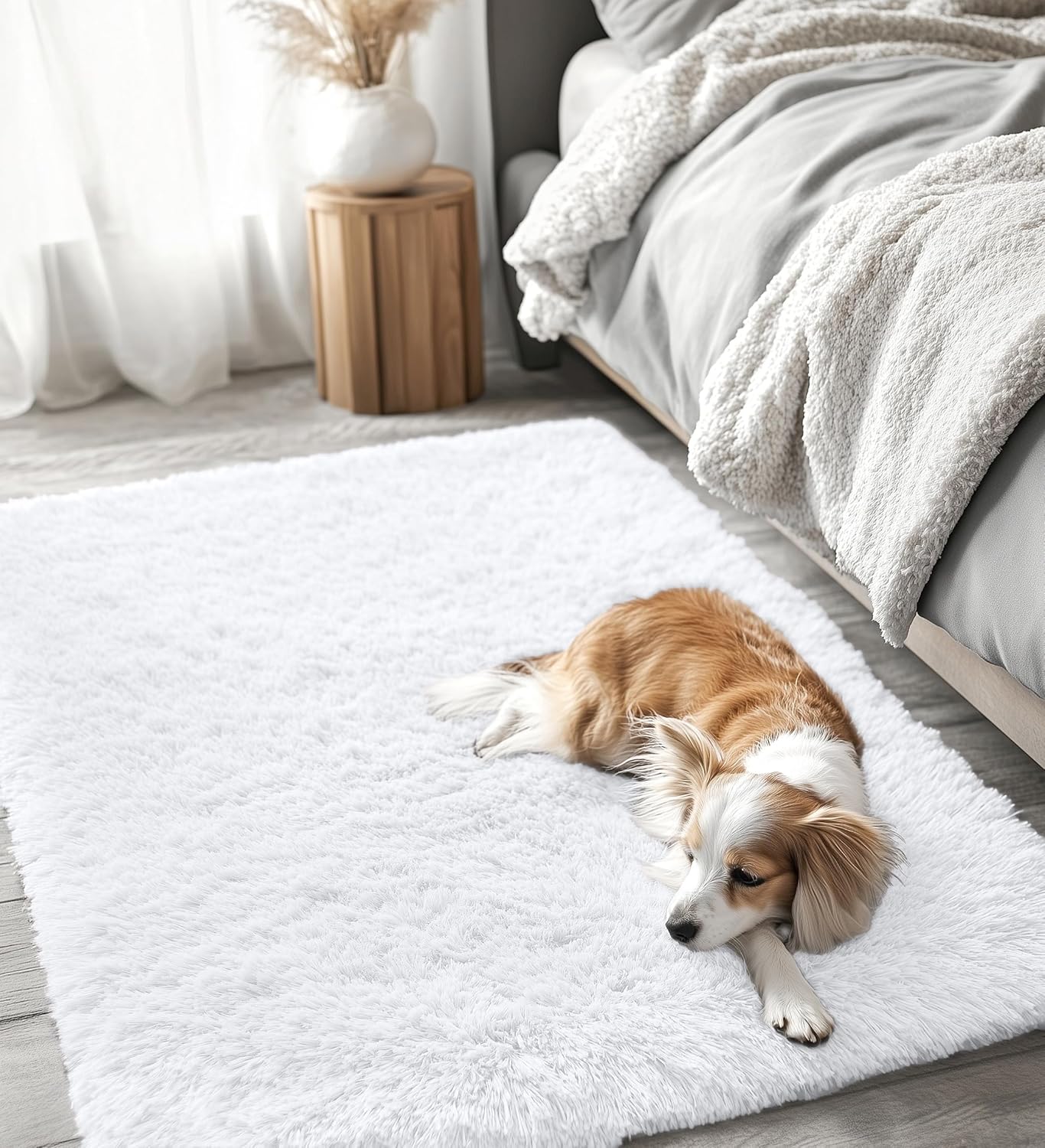OLANLY Soft Fluffy Shaggy Bedside Rug - 3x5 Machine Washable Indoor Carpet for Kids & Nursery | White