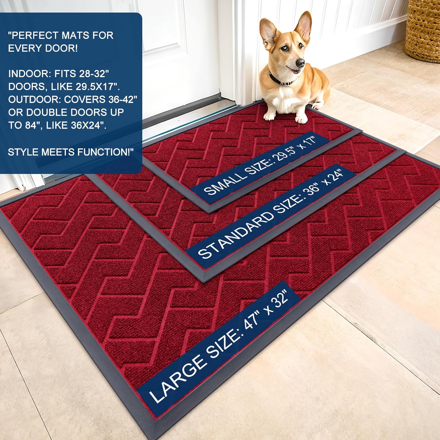 OLANLY Waterproof All-Season Front Door Mat - Sturdy Natural Rubber, Easy Clean | Herringbone Brick, Wine Red (71x23)