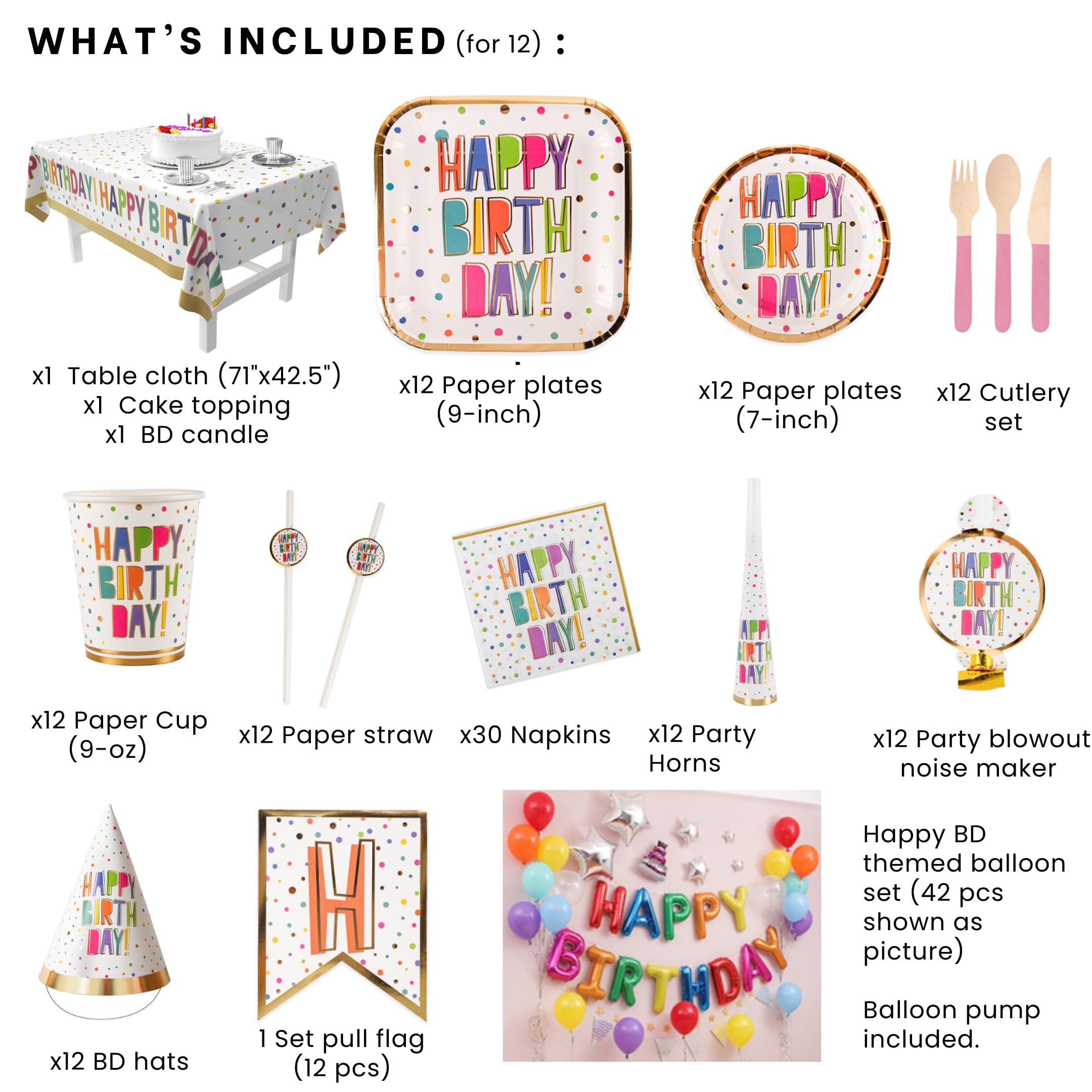 All-in-One Birthday Party Supplies Set – Premium Complete Decoration Kit with Tableware, Balloons, Banner & Cake Decorations (Classic Polka Party Box (12 guests))