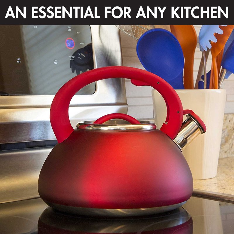 Primula Avalon Whistling Kettle - Whistling Spout, Locking Spout Cover, and Stay-Cool Handle - Stainless Steel - 2.5 Quarts - Matte Red (PAVRE-6225)