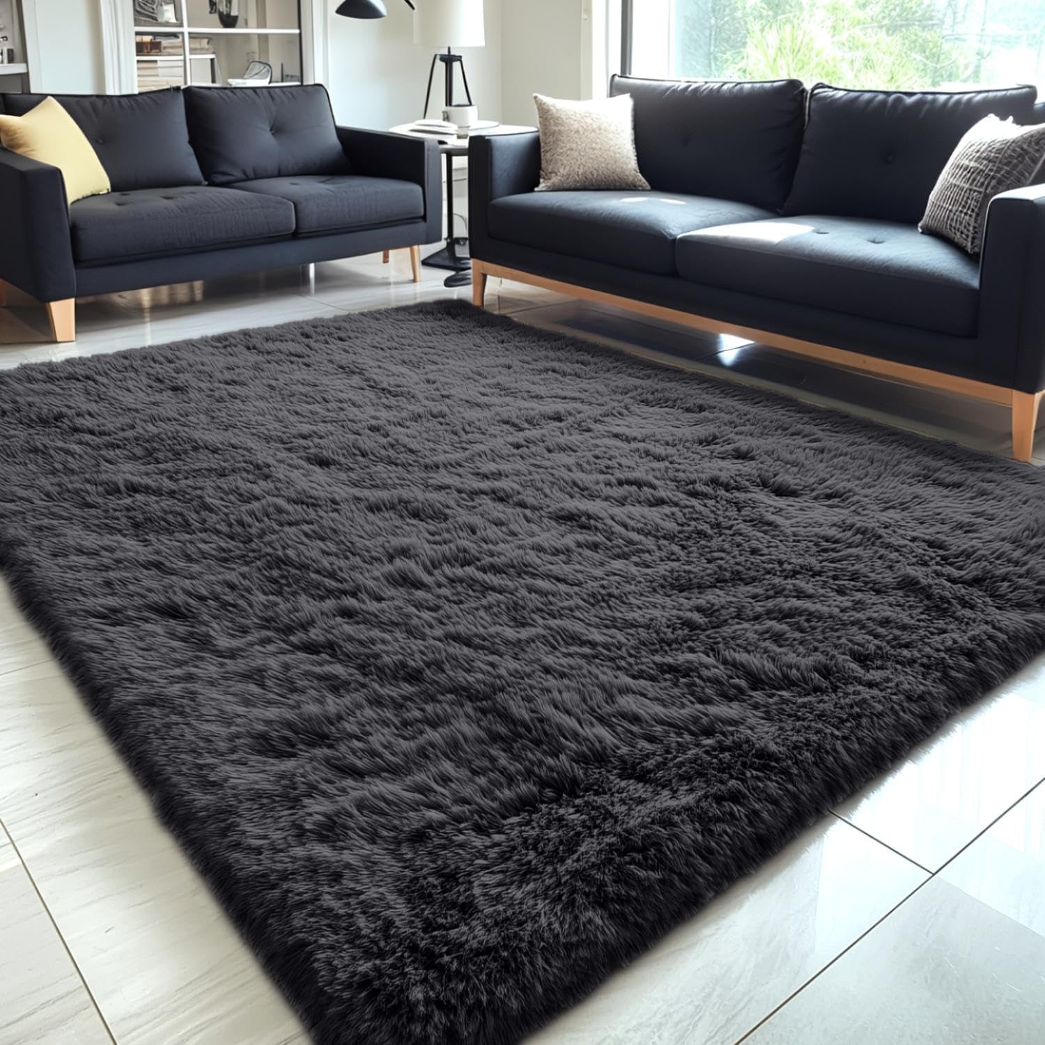 OLANLY Large Area Rug - Soft Fluffy Shaggy Carpet for Living Room & Bedroom | Machine Washable, Black