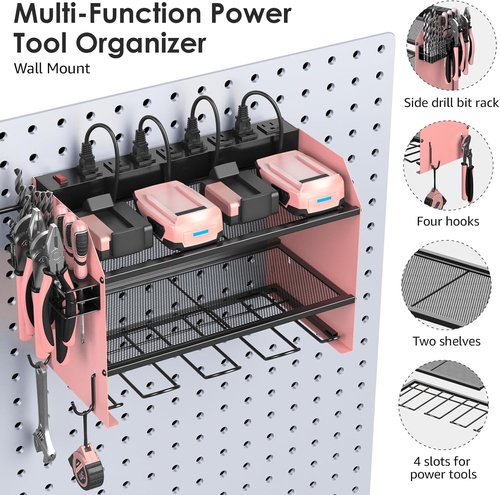 CCCEI Modular Power Tool Organizer - Wall Mount Charging Station & Heavy Duty Rack | Pink, 1 Pack
