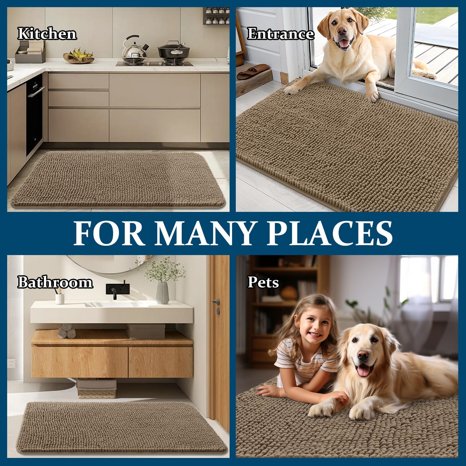 OLANLY Dog Door Mat - Absorbent Non-Slip Chenille Mat for Muddy Paws | 36x24 Tan Indoor Doormat