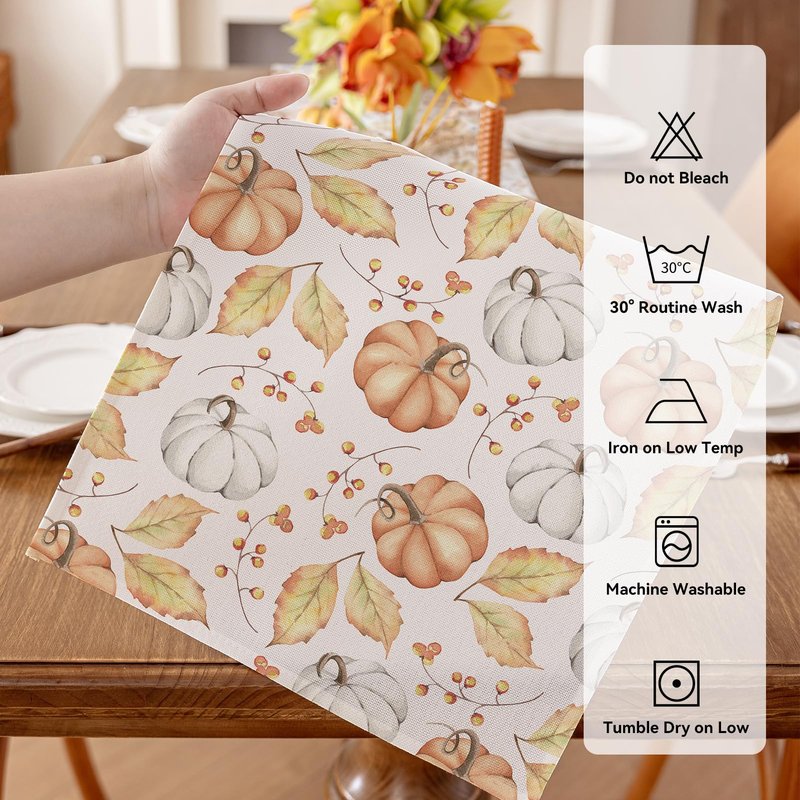 Romanstile Fall Placemats Set of 8-12 X 18 Inch - Thanksgiving Autumn Harvest Orange Pumpkins Place Mats, Stain Resistant Wipeable Table Mats for Dining, Holiday, Party Decor
