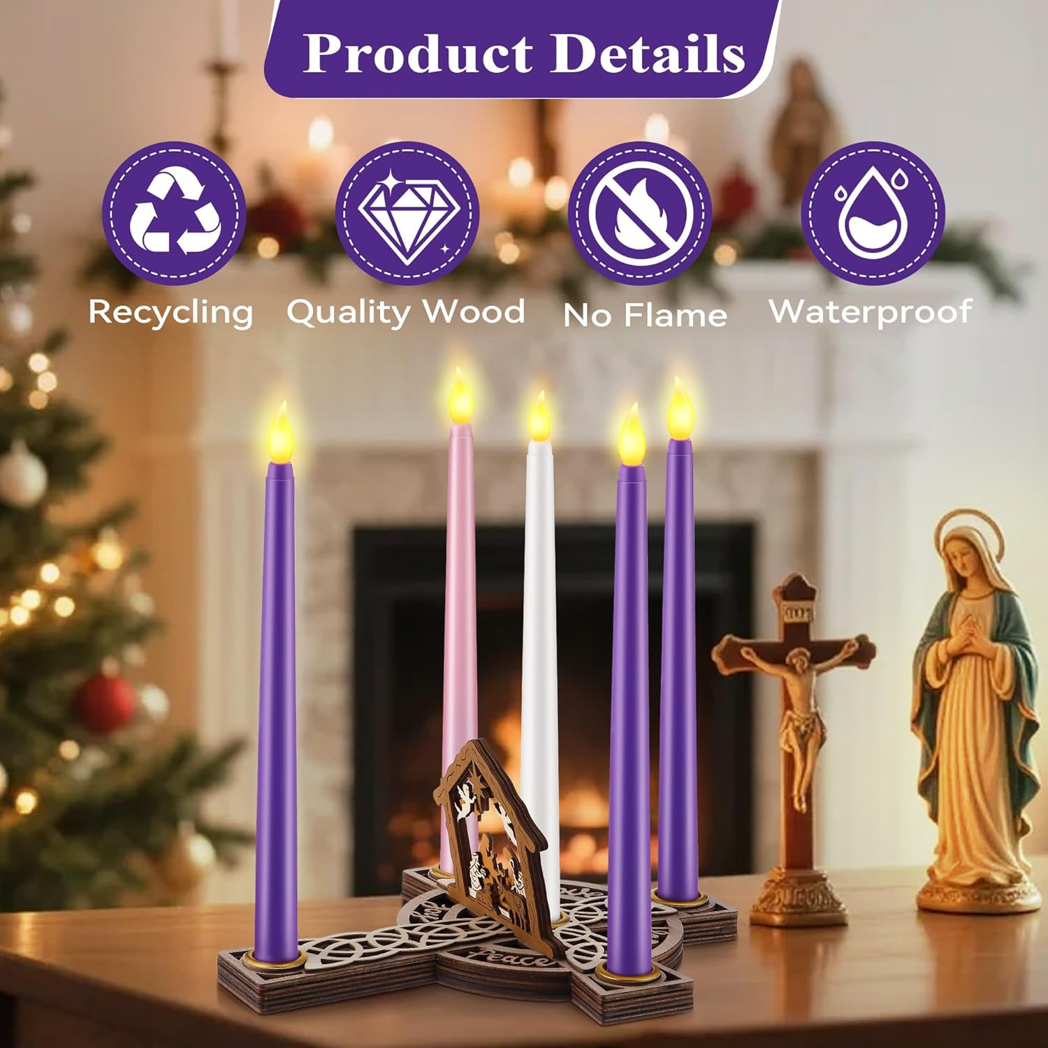 Regine Switzerland Christmas Advent Wreath Candle Holder - 5 Pcs Flameless Candles & Wood Cross Nativity Scene