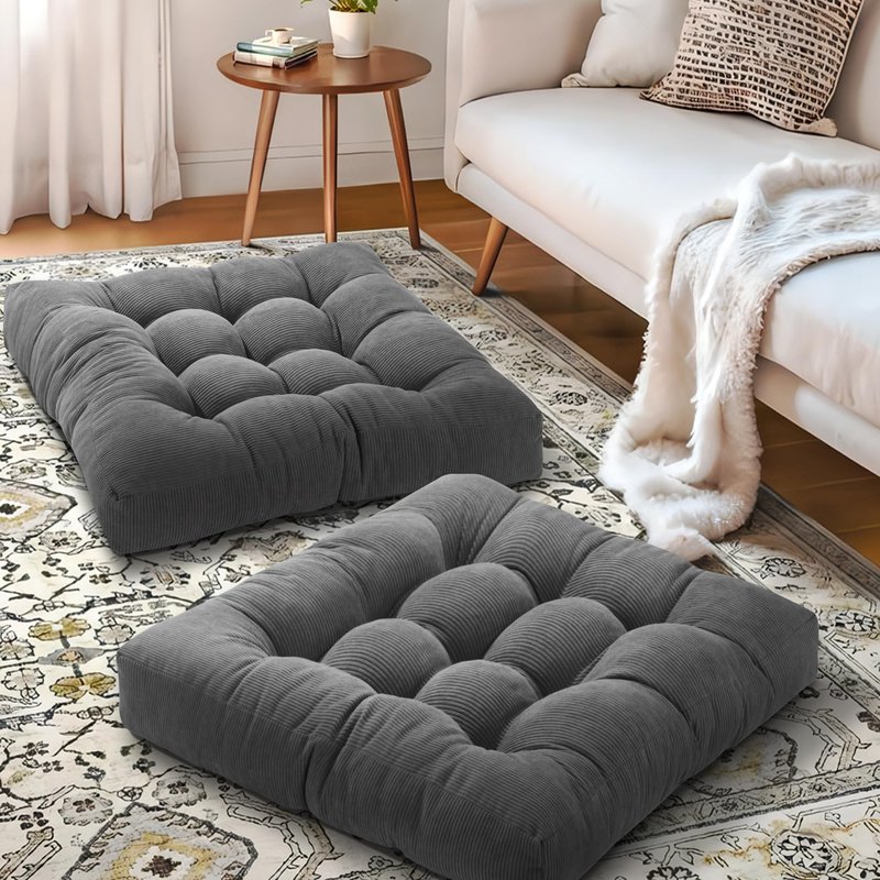 PAROLL Floor Pillow Cushions for Adults Sitting Large Big Pillows for Floor Seating Square Memory Foam Thick Tufted, 22 x 22 Inch, Set of 2, Dark Grey