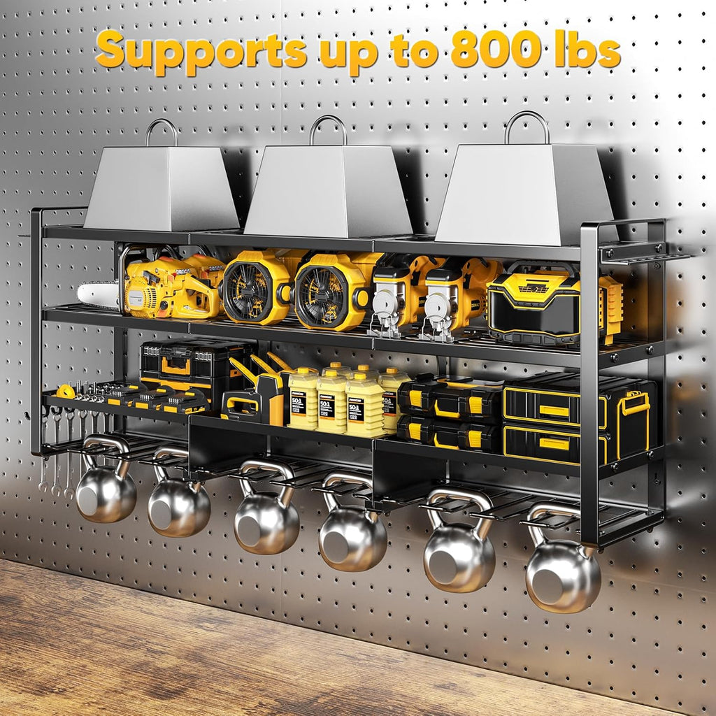 POKIPO Power Tool Organizer - 49.5" Wall Mount with Charging Station & 8 Outlet Power Strip | Heavy Duty 4 Tier Storage for 12 Cordless Drills