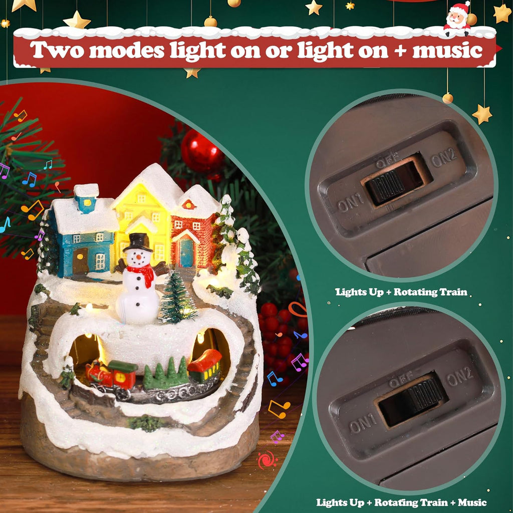 Musical Resin Snowman Figurines | Christmas Village Decor with Spinning Train & LED Lights - Holiday Centerpiece