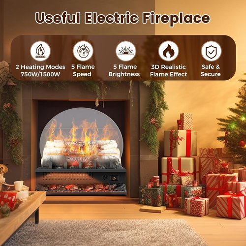 21" Freestanding Electric Fireplace Log Set - Realistic Cracking Sound, 8H Timer, Remote Control, 750W/1500W