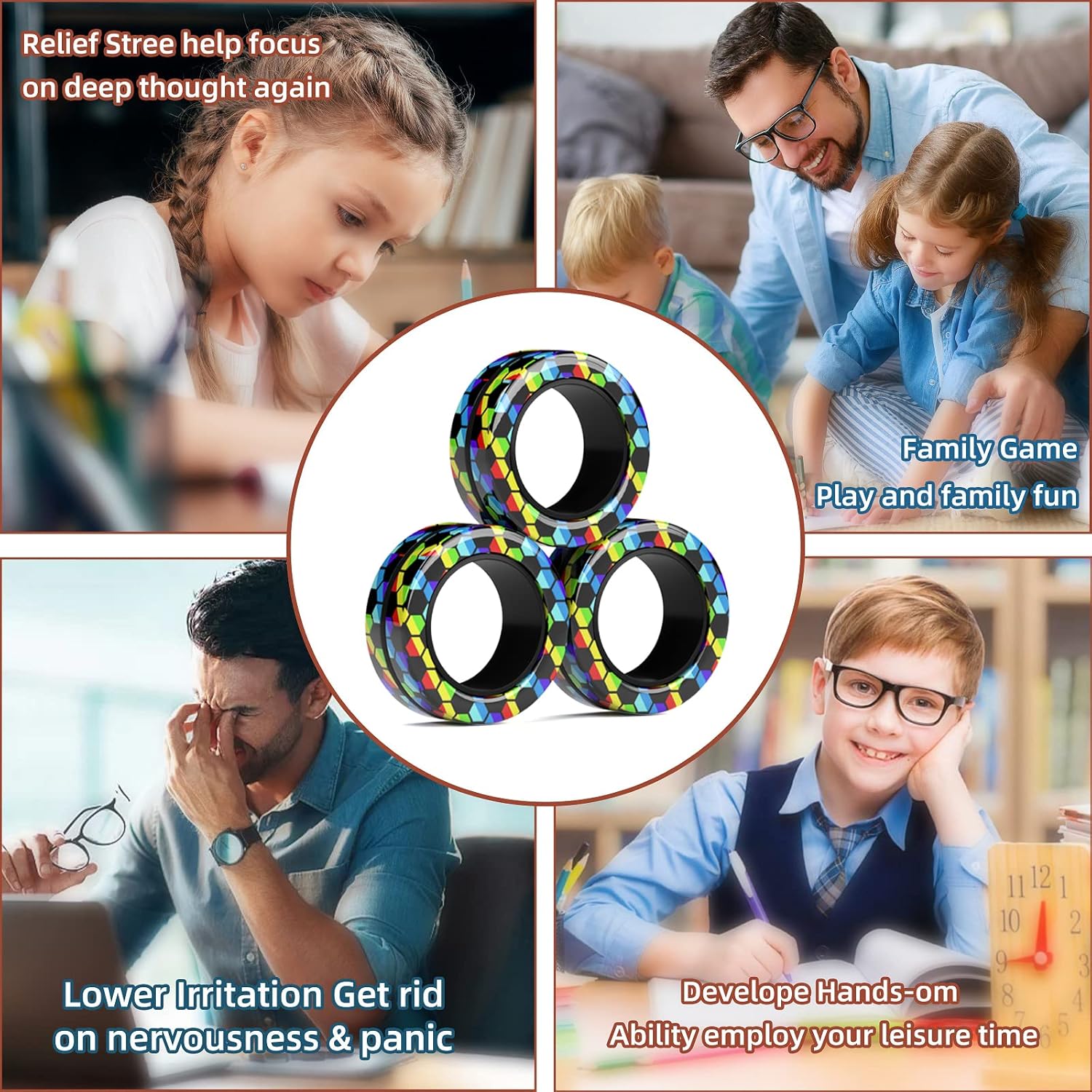 Skiennix Magnetic Fidget Rings Set - Anxiety Relief Therapy Toys | 3-Piece Spinner Pack for All Ages