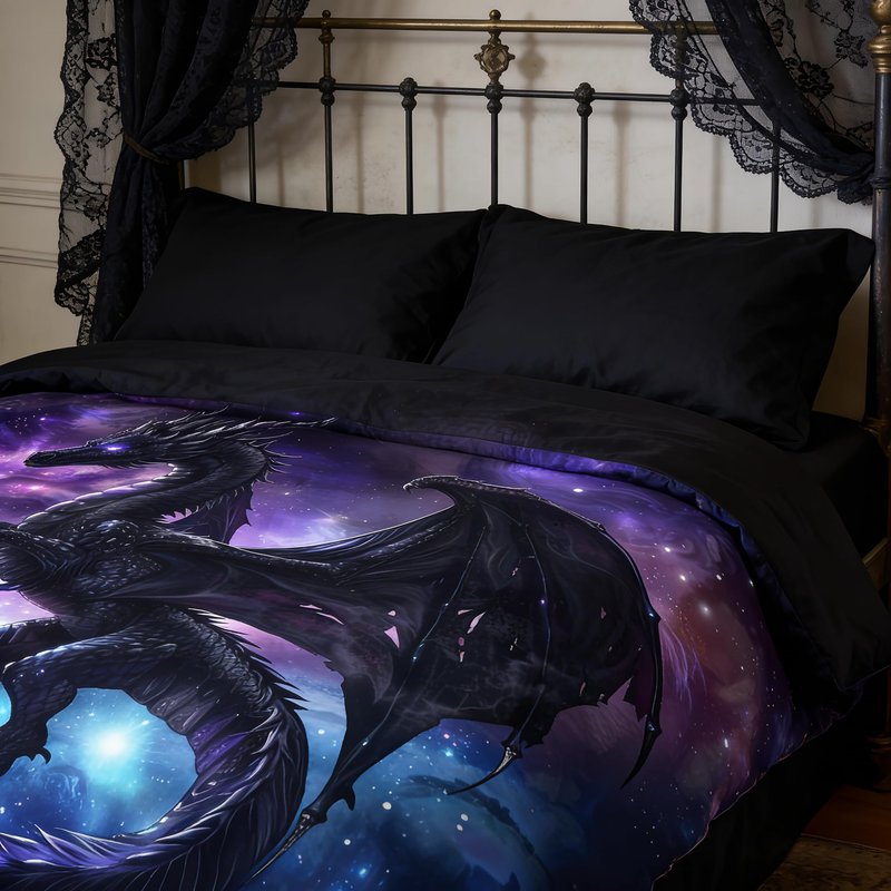 CCoutueChen Kids Dragon Bedding Set for Boys, Purple Blue Outer Space Comforter Set Twin Size, Fairy Tale Style Quilted Bed Set for Children Teens Room Decor/68 * 86